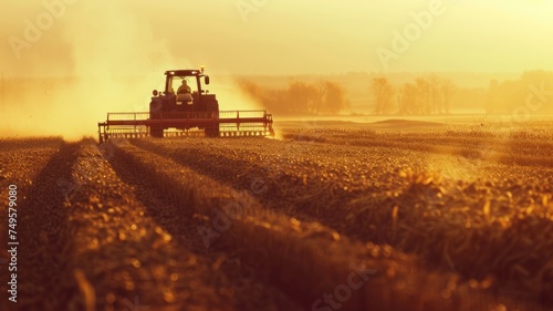 a farmer navigates his tractor across a vast field, operating a large harvesting machine to gather crops under the expansive sky.
