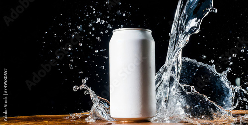plain soda can mock up product isolated in solid background with splash of water on it, copy space for text.
