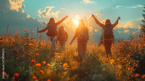 A group of friends on an elevated flower field watching the sunset while looking at the sun