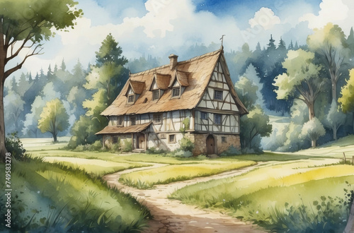 old house in the forest watercolor