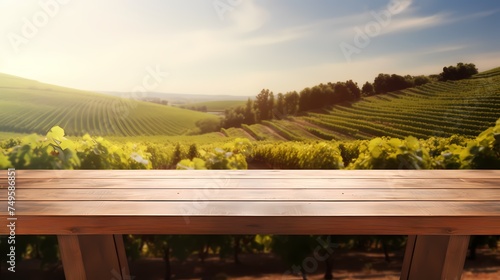 Wood table top with a glass of wine on blurred vineyard landscape background, for display or montage your products. Agriculture winery and wine tasting concept