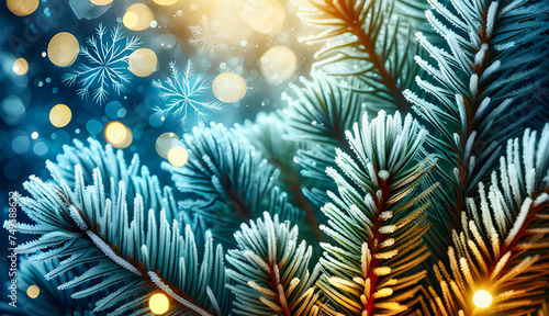 Design an image that captures the essence of winter and the holiday season. should feature close-up details of pine branches covered in frost,