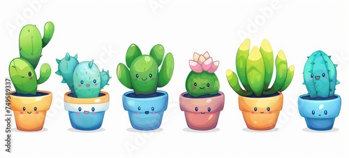 Cute happy funny succulents plants,cacti,flower emoji set collection. cartoon kawaii character illustration.Scculents,flowerpot,cactus plants stickers bundle concept.Isolated on white background