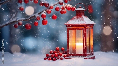 Winter snow Christmas lantern background with decorations with fir tree and shimmering snow and candle light outdoors during snowfall