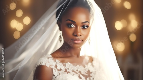 Young African American woman in white wedding dress with a veil. Beautiful bride. Close up. Bokeh lights background. Concept of wedding day, marriage, bridal beauty, and romance.