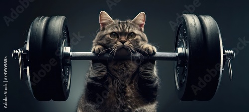 Obese Fitness cat lifting a heavy big dumbbell