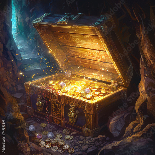 The soft glow of gold spills from an ancient treasure chest its open lid revealing jewels and coins set in a fantastical realm of magic and adventure