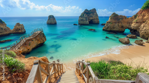 Picturesque Algarve Beach Panorama, Panoramic view of a stunning Algarve beach with golden cliffs and turquoise waters.