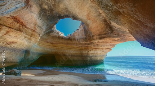 Benagil Sea Cave in Algarve, A breathtaking view inside the Benagil Sea Cave with sunlight illuminating the sandy beach and turquoise waters, in Algarve, Portugal