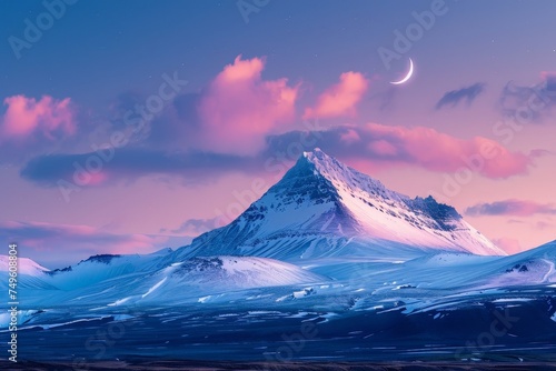 A mountain range with a pink and purple sky and a crescent moon