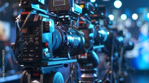 close up on media production video cameras in a recording studio, all logos or trademark signs and elements were cloned away or blurred out.