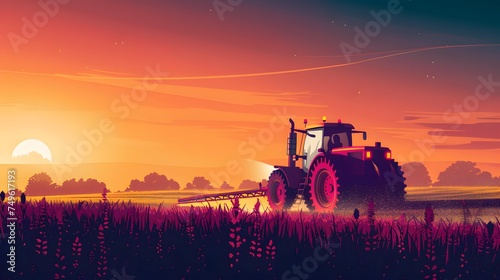 irrigation tractor driving spraying or harvesting an agricultural crop at sunset with information infographic data datum as banner design for agriculture industry and food supply production concepts