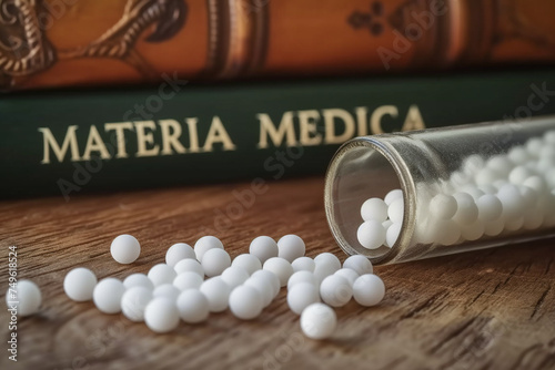 Homeopatic globules spilled from a glass bottle, with homeopathy books in the background