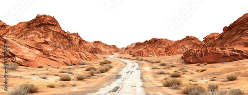 Red rock formations along a desert road, cut out - stock png.