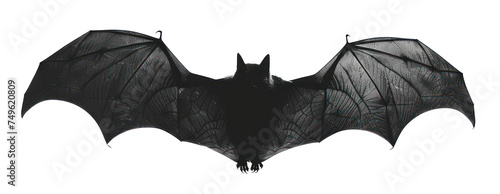 Stylized black bat silhouette with spread wings, cut out - stock png.