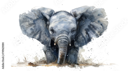 An endearing watercolor of a baby elephant, its gentle eyes and floppy ears brought to life