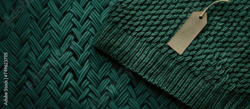 A green knitted sweater with a tag attached to it that displays clothing care and composition information. The tag is clearly visible against the textured green fabric.