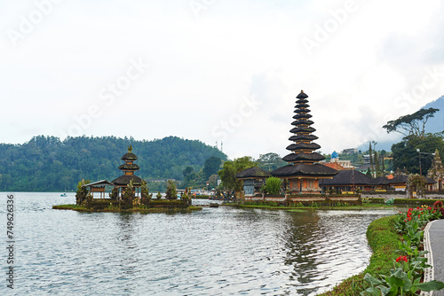 Pagoda at the sacred temple of Pura Ulun on Lake Bratan on the popular touristic island of Bali.