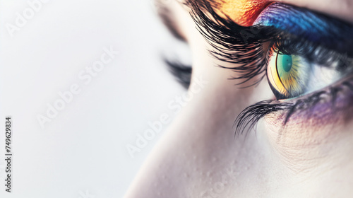 Olho de uma mulher sobre uma luz colorida de arco - Iris 