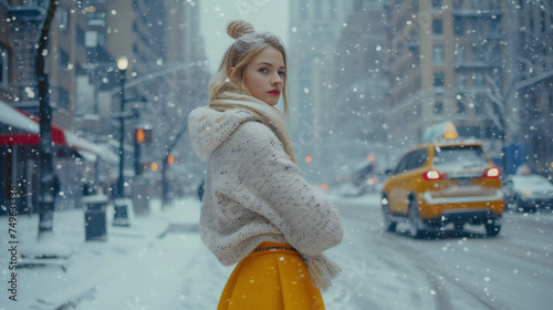 A woman enjoys the serene cityscape amidst a gentle snowfall, wrapped in a cozy sweater. This image is perfect for: winter, city life, tranquility, snowfall, urban winter scene.