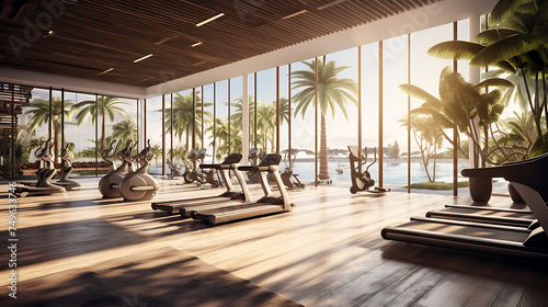 A gym interior for a tropical island resort, with palm trees and beachfront workout spaces.