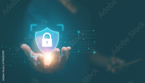 Personal data security. Global network security technology concept, Protecting information from cyber attacks, Man's hand showing personal digital data security and protection from cybercrime..