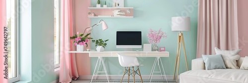 Pastel home office concept with computer on a desk and chair. feng shui interior design in bright spring colors