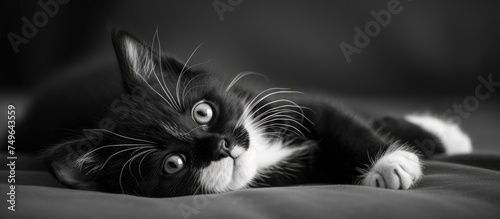 A close-up shot of a cute black and white house cat laying comfortably on top of a bed, with its eyes closed and paws tucked under its body.