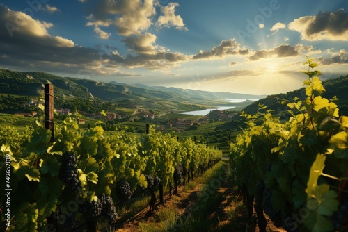 A sunlit vineyard with rows of grapevines