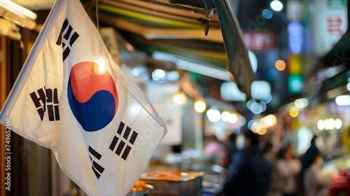 The South Korean flag at a bustling street food market in Seoul. Concept of street food culture and diversity