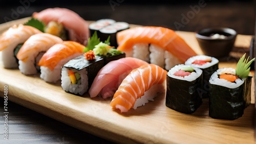A sushi platter with various types of nigiri, maki, and sashimi on a wooden board