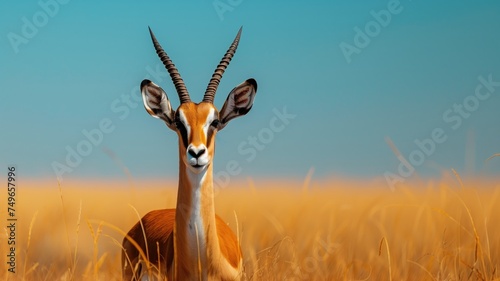 An elegant impala standing in golden savannah grass under a clear blue sky