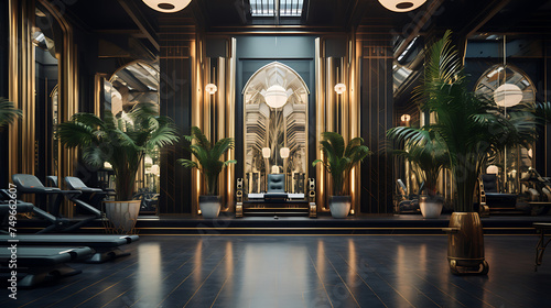 A gym interior with an art deco influence, using geometric patterns and opulent materials.