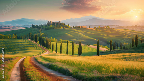 Toscane landscape Italy at sunset, Well known Tuscany landscape with grain fields, cypress trees and houses on the hills at sunset. Summer rural landscape with curved road in Tuscany, Italy, Europe