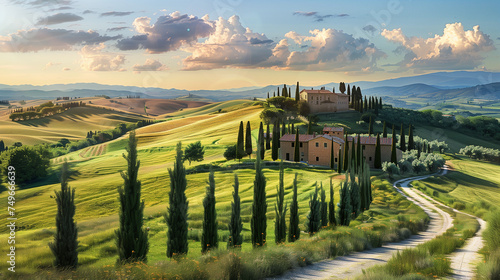 Toscane Landscape Italy, road leading to a farm, curved road in Tuscany