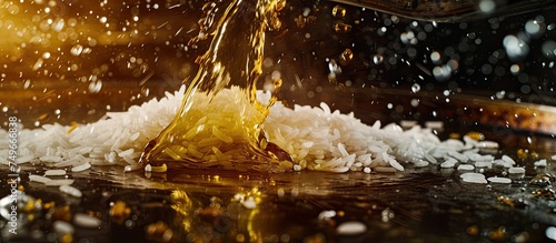 A large pile of rice is being poured onto a flat table surface. The grains of rice are cascading down in a flowing motion, creating a mound of food on the table.