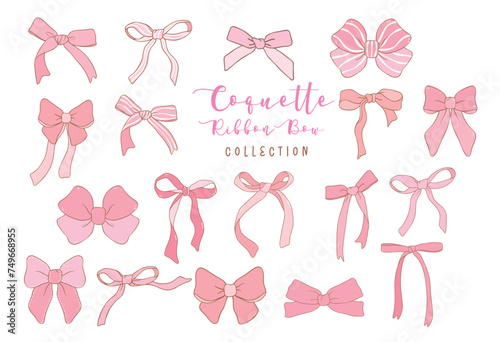 Coquette Pink Ribbon Bow Doodle Drawing, Retro vintage bow collection.