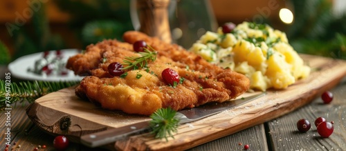 A close-up view of a plate filled with deep-fried schnitzel, potato salad, and cranberries. The plate sits on a rustic wooden table, likely at a cozy mountain hut.