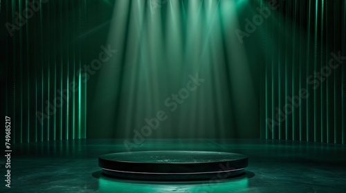 A sleek black podium set against a deep emerald green background illuminated by a focused spotlight creating a luxurious and mysterious ambiance for an exclusive product presentation