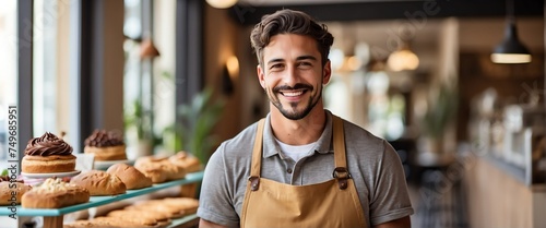 Small business owner young caucasian man at entrance of cafe bakery smiling looking at camera from Generative AI