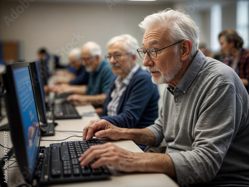 senior person with expressive look learning laptop or computer lesson in seniors class or training with other elderly people in background