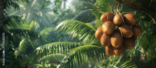 A cluster of exotic coconuts hangs elegantly from a lush and majestic tree. The ripe fruits are a stunning display of natures bounty.