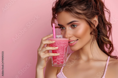 Beautiful fit healthy young woman drinking cocktail of electrolyte powder or hydrolysed collagen