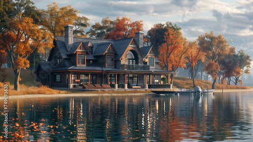 A waterfront big house with a boathouse garage, offering direct access to the water.