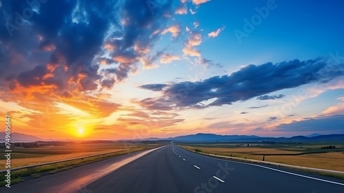 Asphalt road and beautiful sky with clouds at sunset