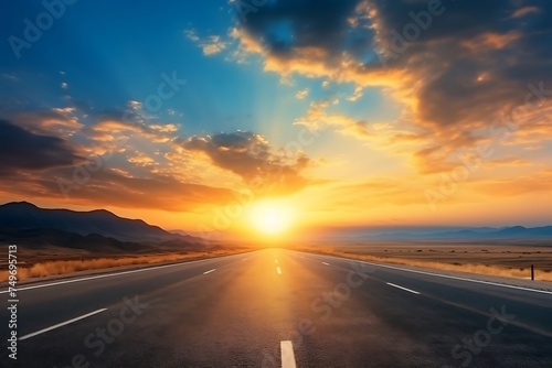 Asphalt road and beautiful sky with clouds at sunset
