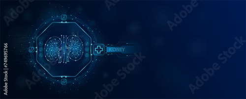 Kidney human chip in electronic circuit board microchip processor technology medical. Innovative health care information processing of digital hi tech future. Empty space for text. Banner vector.
