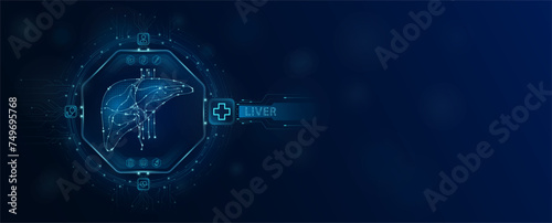 Liver chip in electronic circuit board microchip processor technology medical. Innovative health care information processing of digital hi tech future. Empty space for text. Banner vector.