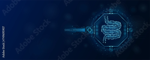 Small intestine chip in electronic circuit board microchip processor technology medical. Innovative health care information processing of digital hi tech future. Empty space for text. Banner vector.
