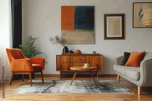 Stylish scandinavian living room interior of modern apartment with wooden commode, design table, chairs, carpet, abstract paintings on the wall and personal accessories in unique home decor. Template
